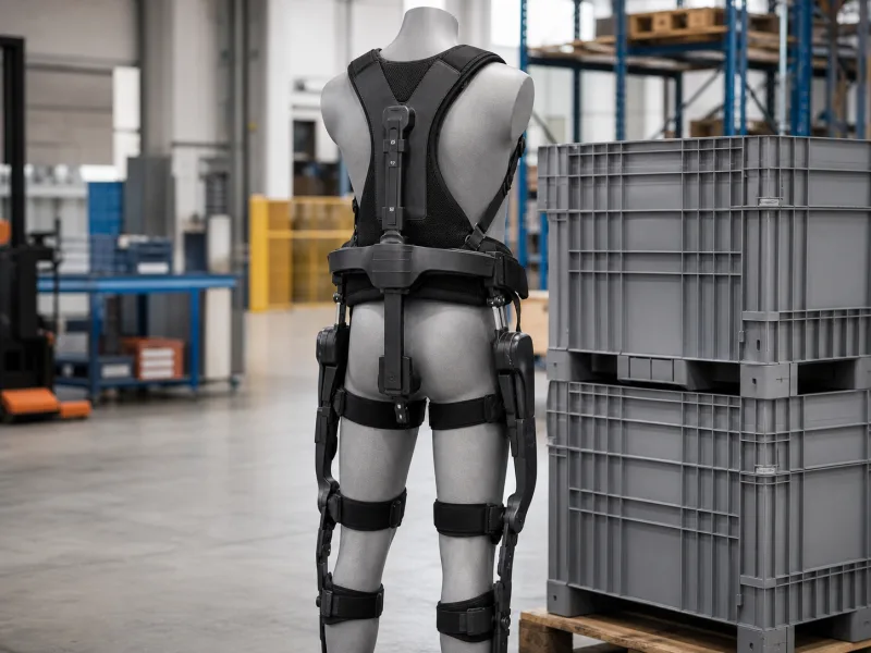 Illustrative passive back-support industrial exoskeleton on a warehouse mannequin