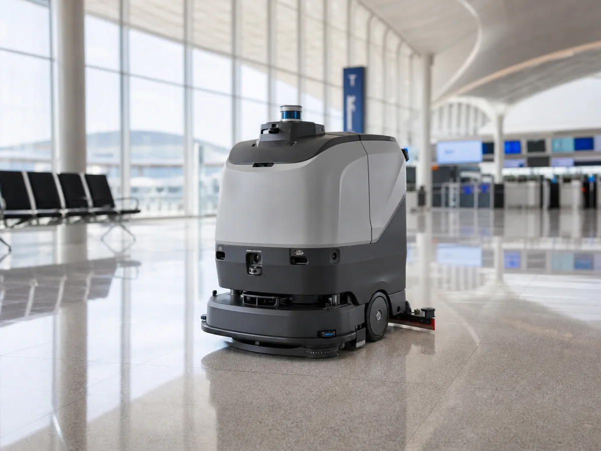 Illustrative autonomous commercial floor-cleaning robot in an airport