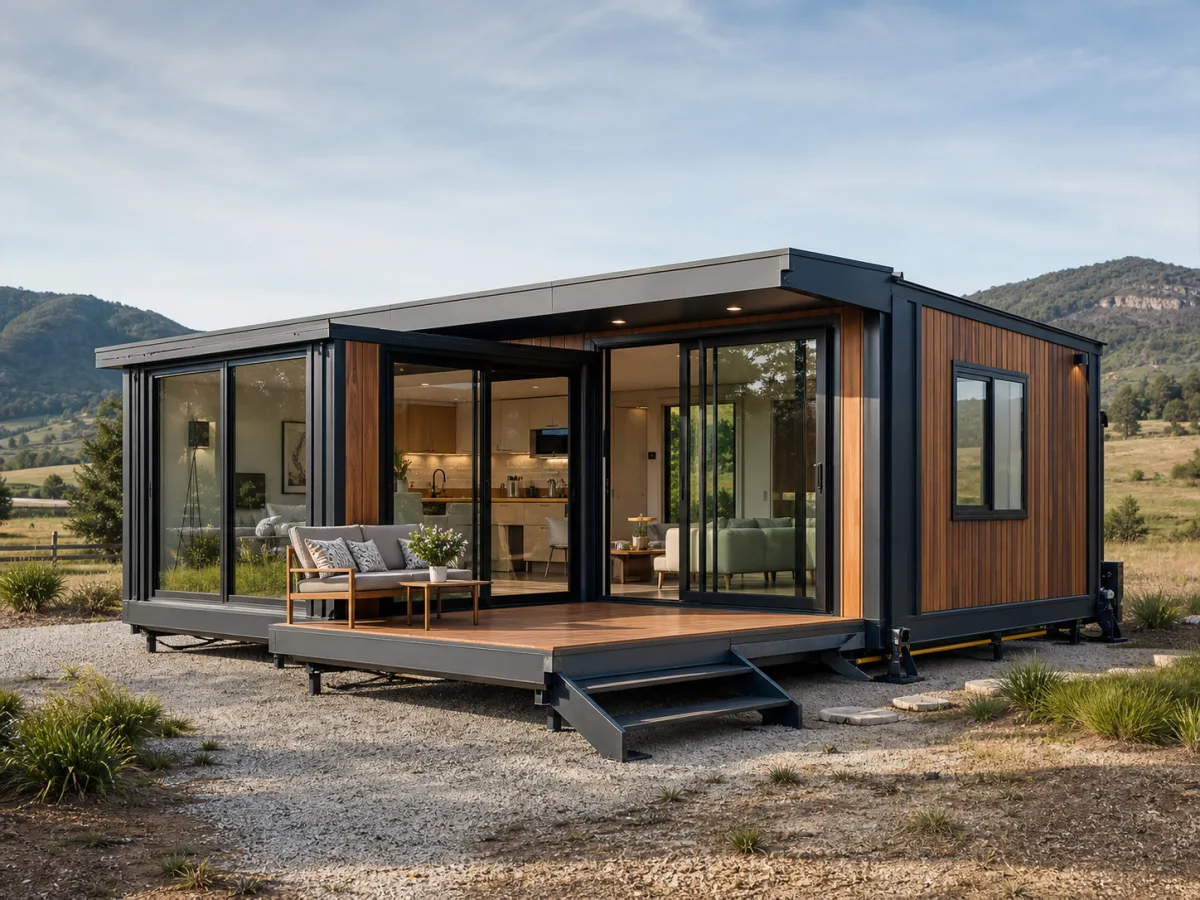 Illustrative expandable container tiny house on a prepared site