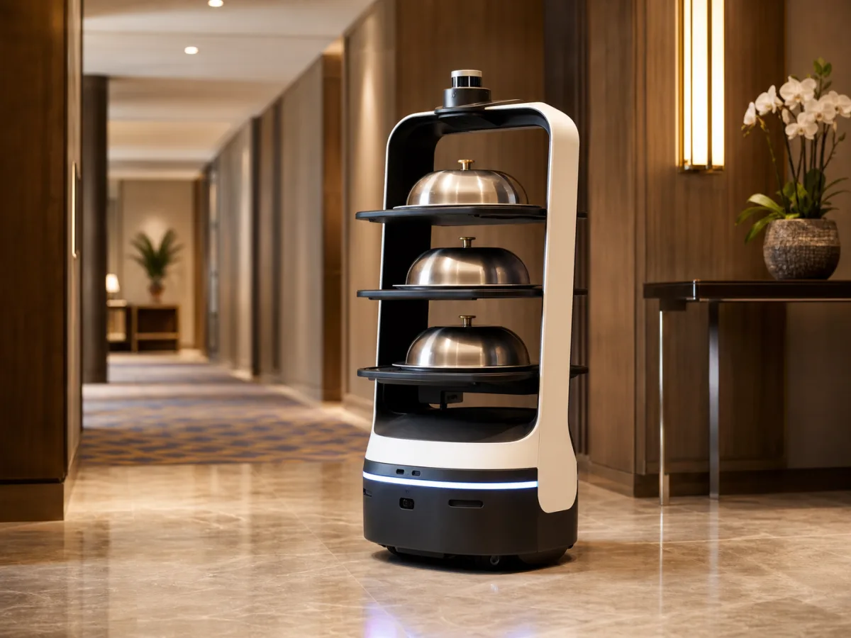 Illustrative hotel delivery robot in a hospitality corridor