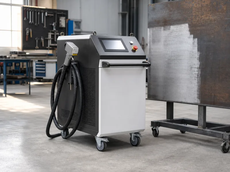 Illustrative pulsed laser cleaning machine in a metalworking workshop