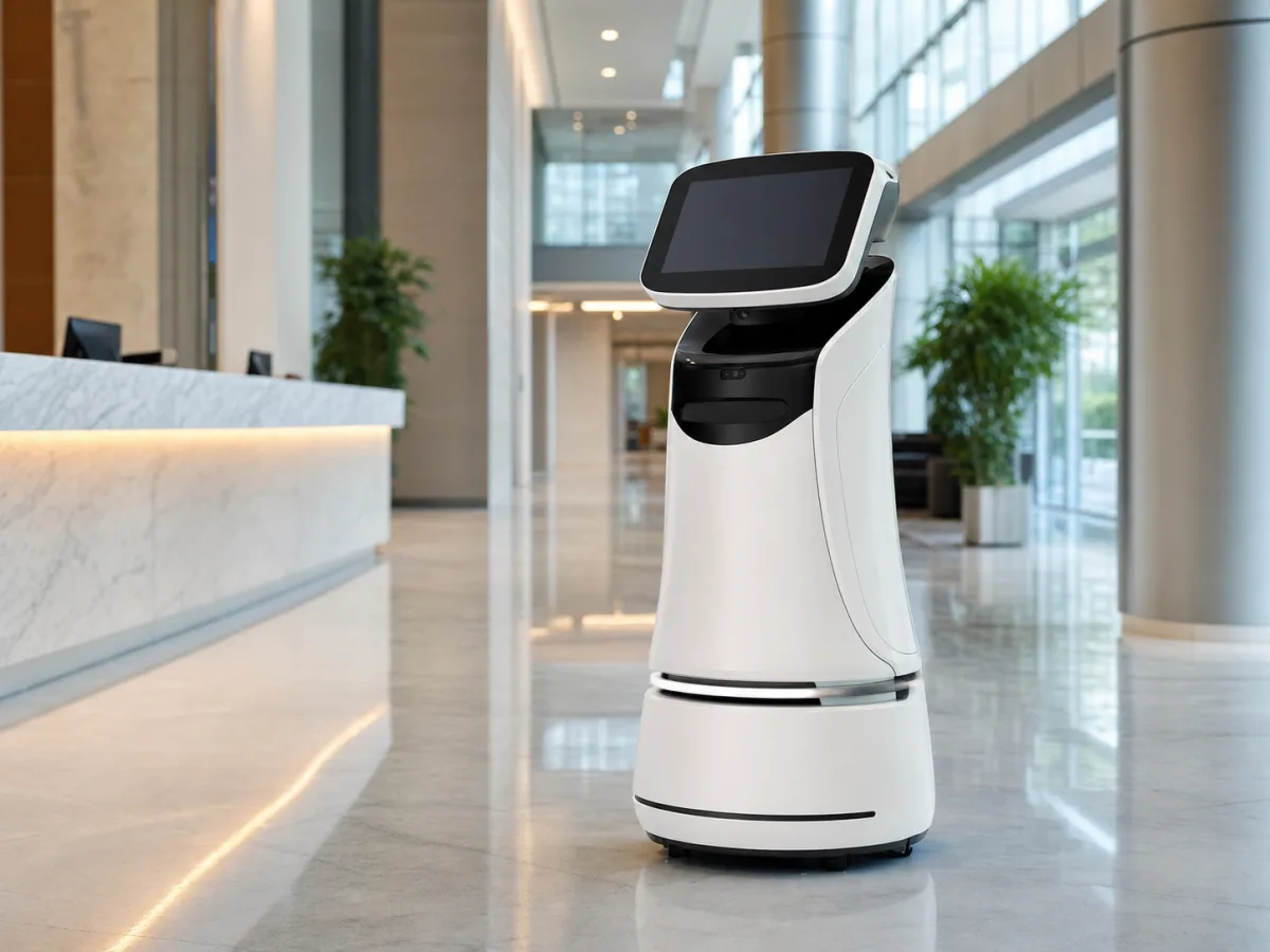 Illustrative reception and wayfinding robot in a corporate lobby