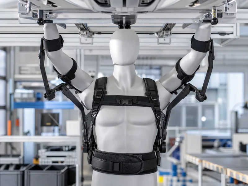 Illustrative passive shoulder-support industrial exoskeleton on a workshop mannequin