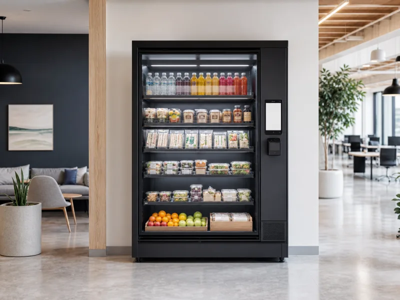 Illustrative smart fridge micro-market cabinet in a coworking area