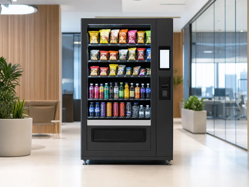 Illustrative smart snack and beverage vending machine in an office lobby