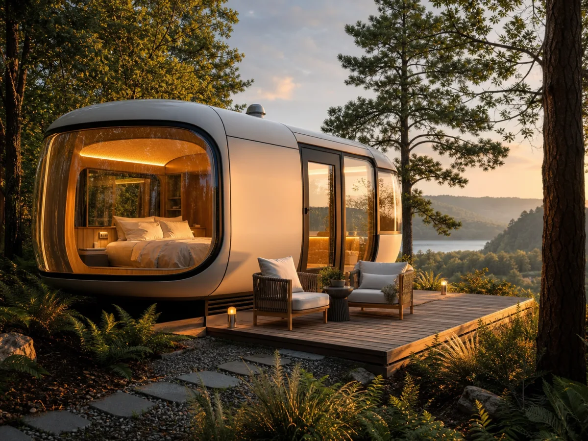 Illustrative space capsule glamping unit in a forest setting